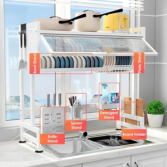 Over The Sink Dish Drying Rack, 2 Tier Clear Dustproof Cabinet Door Design and Stable Suction Cup Base for Space-Saving Kitchen Counter Organization (White