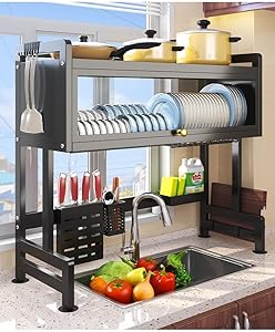 Over The Sink Dish Drying Rack, 2 Tier Clear Dustproof Cabinet Door Design and Stable Suction Cup Base for Space-Saving Kitchen Counter Organization (White