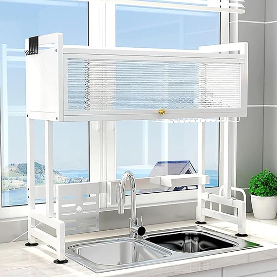 Over The Sink Dish Drying Rack, 2 Tier Clear Dustproof Cabinet Door Design and Stable Suction Cup Base for Space-Saving Kitchen Counter Organization (White