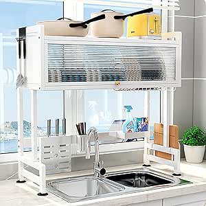 Over The Sink Dish Drying Rack, 2 Tier Clear Dustproof Cabinet Door Design and Stable Suction Cup Base for Space-Saving Kitchen Counter Organization (White