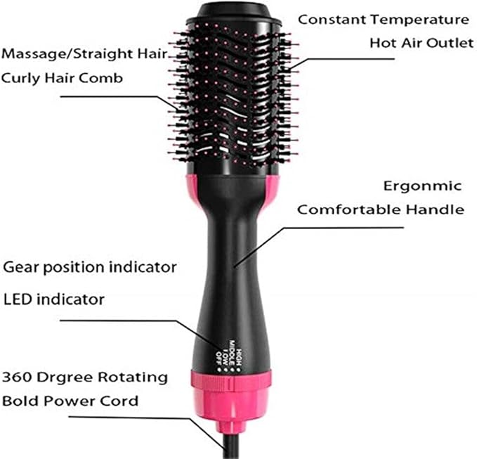 One Step Hair Dryer and Styler Brush Comb - Black/Pink