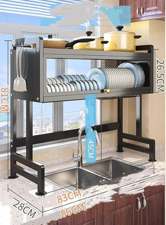 Over The Sink Dish Drying Rack, 2 Tier Clear Dustproof Cabinet Door Design and Stable Suction Cup Base for Space-Saving Kitchen Counter Organization (White