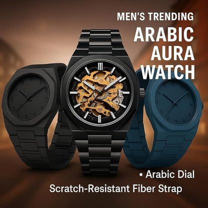 3 PC Aura Men's Watch with Arabic Numerals Matte Black Minimalist Analog Watch | Trending Wristwatch